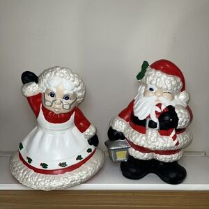 Vintage Atlantic Mold Ceramic Winking Santa And Mrs. Claus Waving Hand Painted‎